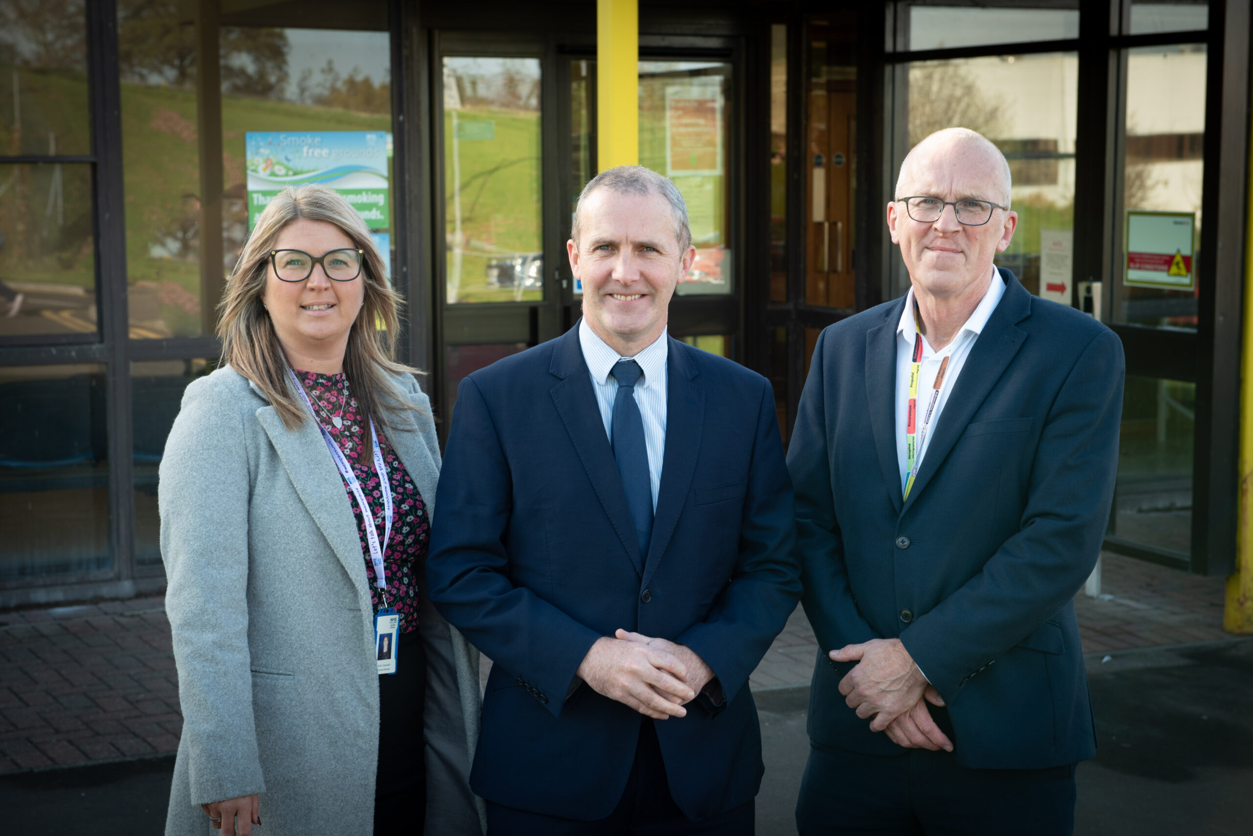 Image of Vicki Campbell; Michael Matheson MSP; and Dr Crawford McGuffie outside Flow Navigation Centre