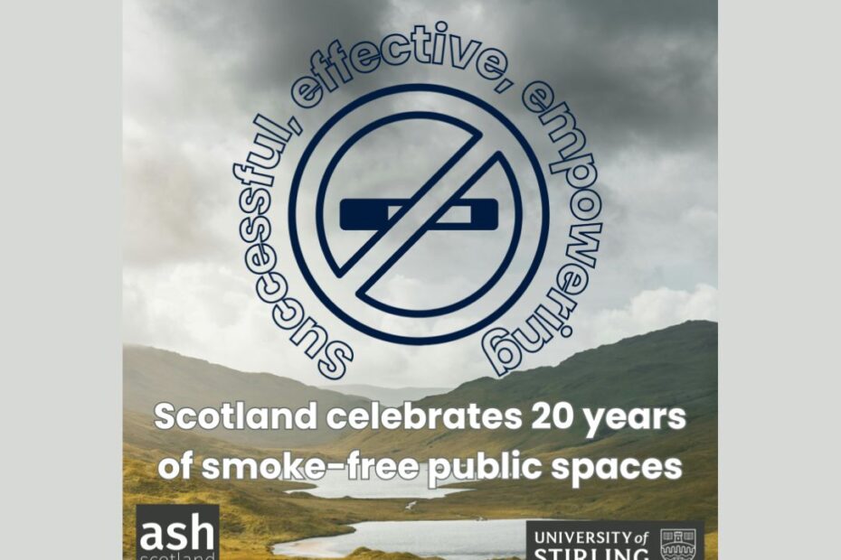 no smoking sign in front of landscape of mountains and lake with wording Scotland celebrates 20 years of smoke free public spaces