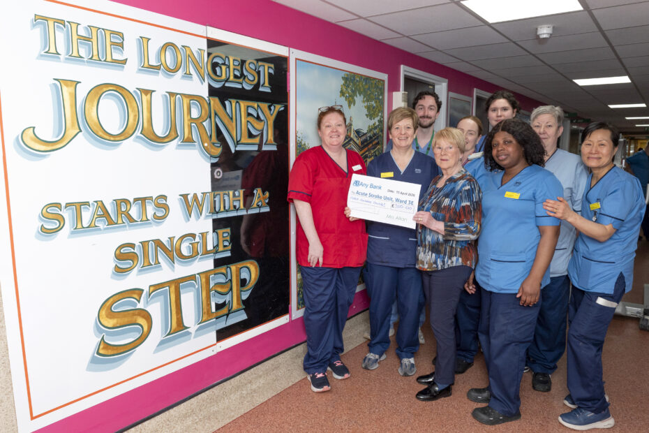 Staff from the Acute Stoke ward at University Hospital Crosshouse being presented with a cheque for £300 from Mrs Allan