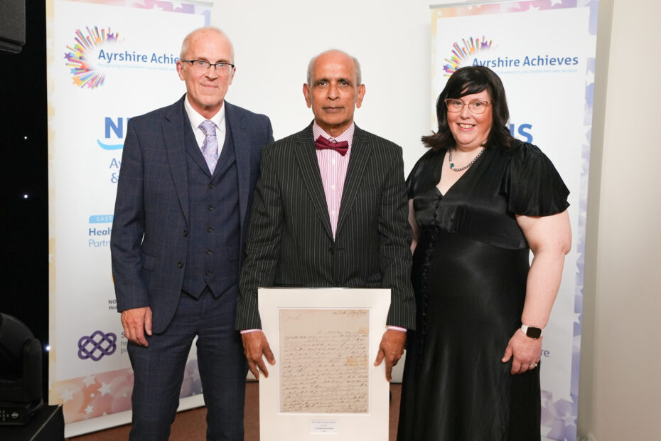 (Left to right) NHS Ayrshire & Arran Medical Director Dr Crawford McGuffie, Dr Sandip Kumar Ghosh and Royal College of Physicians of Edinburgh Office Bearer Dr Alison Falconer