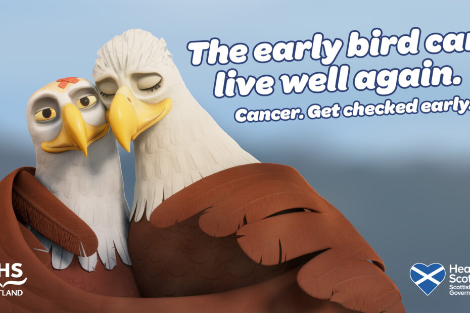 Image of two cartoon eagles depicting being an early bird to get checked early for cancer symptoms.