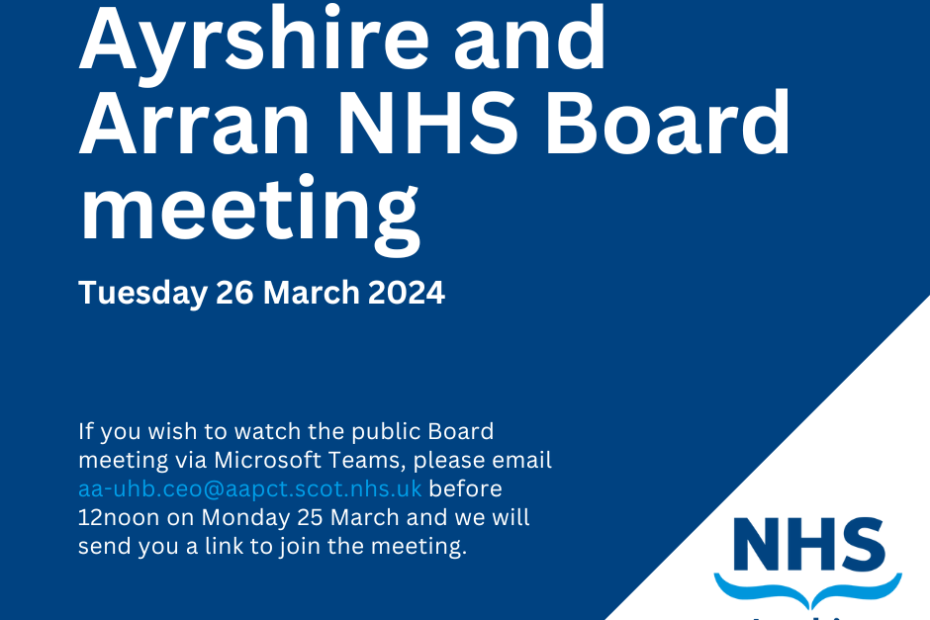 Our next board meeting is on Tuesday 26 March 2024 from 9.30am on Microsoft Teams. If you wish to observe the public Board meeting, please email aa-uhb.ceo@aapct.scot.nhs.uk before 12 noon on 25 March, and a link will be sent to you.
