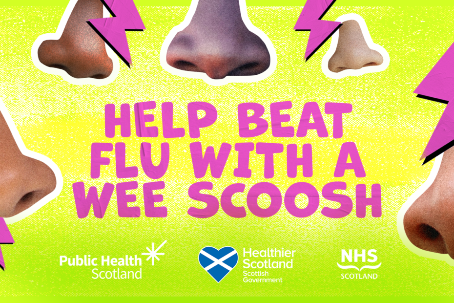 Image reading - Help beat flu with a wee Scoosh, surrounding by a number of noises and lightening bolts.