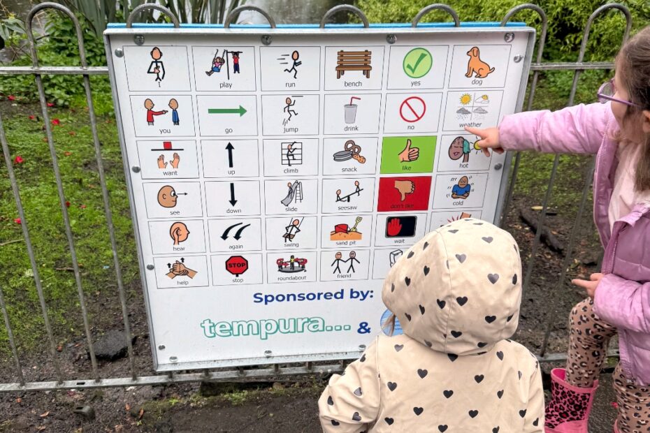 Children using the communication boards at the park.