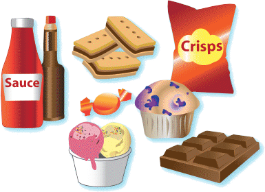 Eat Less Often Example of snack foods, including chocolate, cakes, crisps and full sugar drinks
