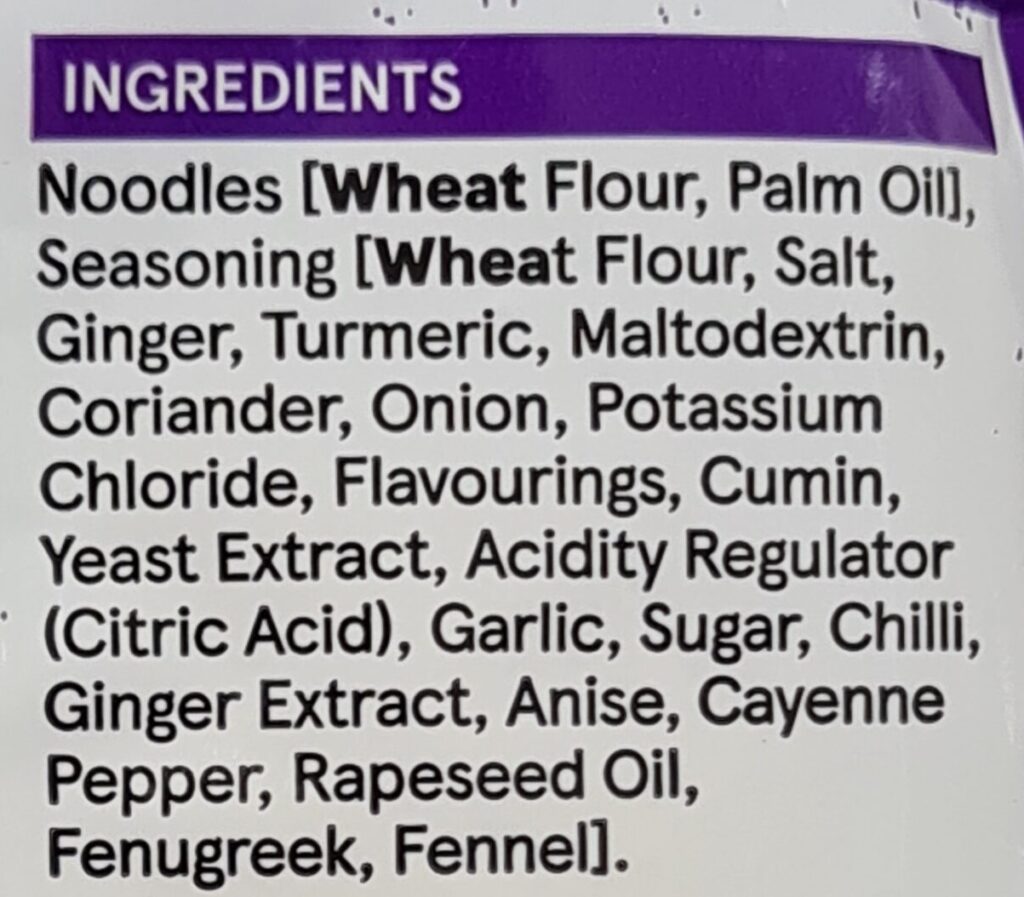 Example of an ingredients list
