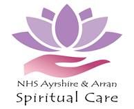 NHS Ayrshire & Arran Spiritual Care logo - A purple lotus flower sits on a pink hand with text underneath reading NHS Ayrshire & Arran Spiritual Care  