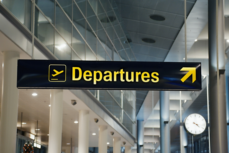 Image showing airport sign with a graphic of a plane taking off and the text 'departures'.