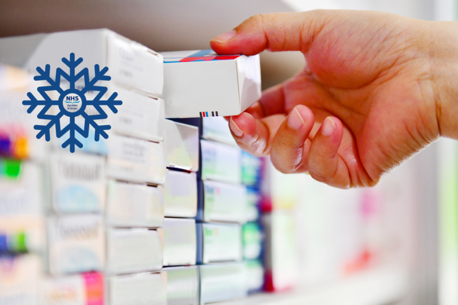 Picture showing medication being dispensed within a pharmacy.