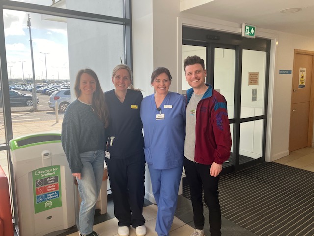 Photograph shows (from left to right) Christine Wardrop, Senior Charge Midwife Gillian Gardiner, Staff Midwife Emma Sutton and Matt Wardrop