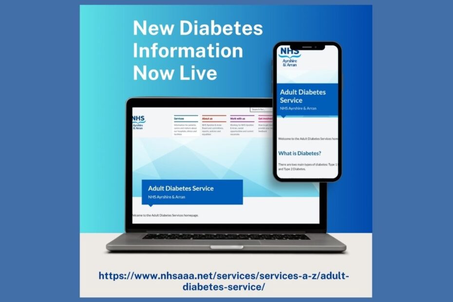 image of mobile phone screen and laptop displaying the home page of the NHS Ayrshire & Arran diabetes website
